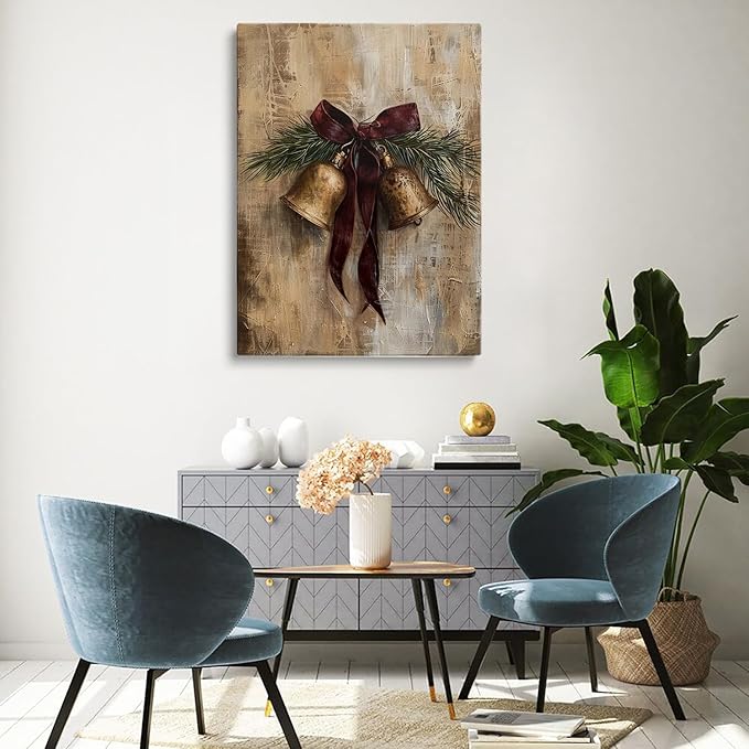 Moody Christmas Wall Art Print,Vintage Holiday Print,Brass Bells Rustic Oil Painting,Country Christmas Antique Winter Wall Decor