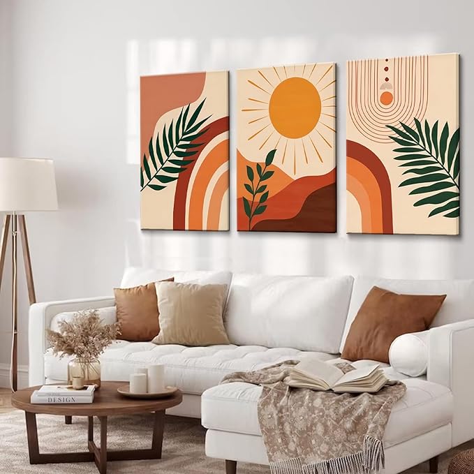 3pcs Framed Boho Wall Art Mid Century Modern Wall Decor Botanical Geometric Abstract Neutral Canvas Sun Mountain Posters Prints Orange Minimalist Artwork Ready To Hang for Living Room Bathroom Bedroom