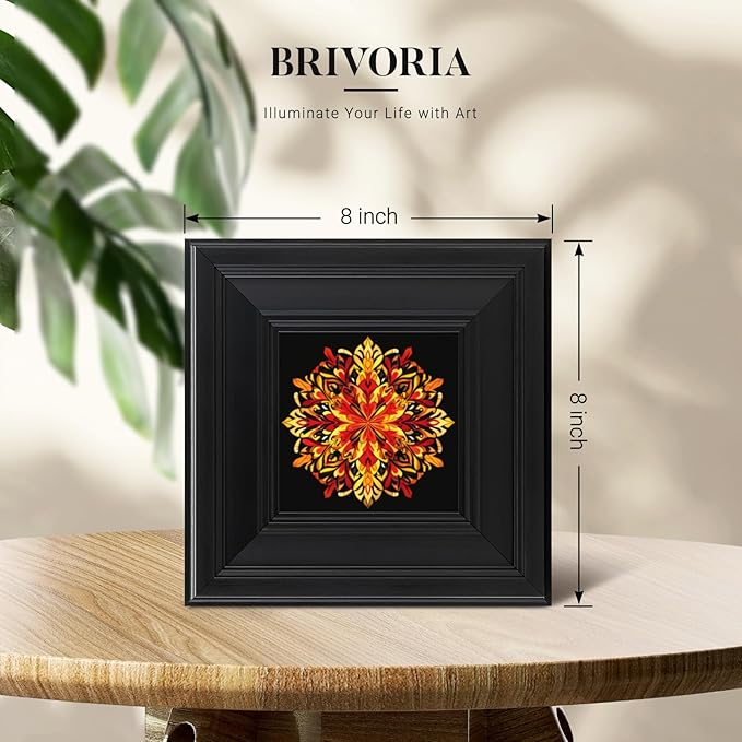 Brivoria Mandala Wall Art Home Decor, Framed Orange and Red Autumn Blaze Mandala Artwork, Modern Spiritual Accent for Meditation Corner Desk Shelf or Bedroom, Warm Wall and Tabletop Display, 8x8
