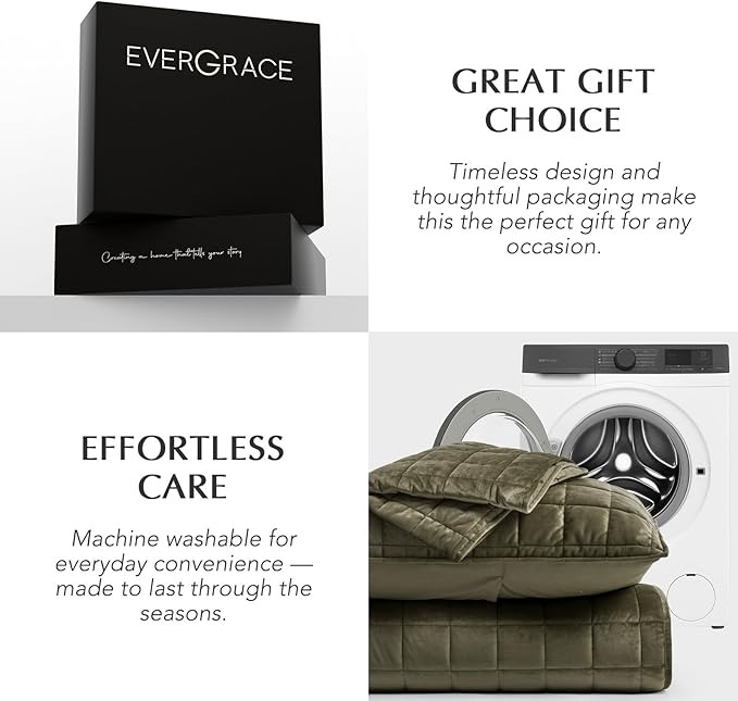 EVERGRACE Pearl Velvet Quilt King Size Bedding Sets, Luxurious Soft Velvet Comforter Set, Lightweight Box Stitching Oversized Bedspread Coverlet for All Season, with 2 Shams, Moss Green
