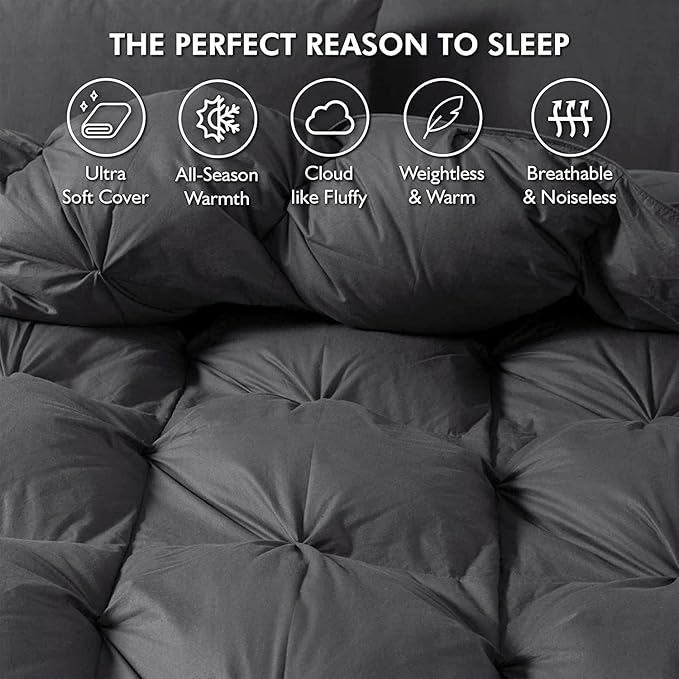Luxurious Full/Queen Goose Down Comforter, Unique Gray Pinch Pleat, 600 Thread Count, 100% Egyptian Cotton Cover, 70 Oz Fill Weight, 750 Fill Power