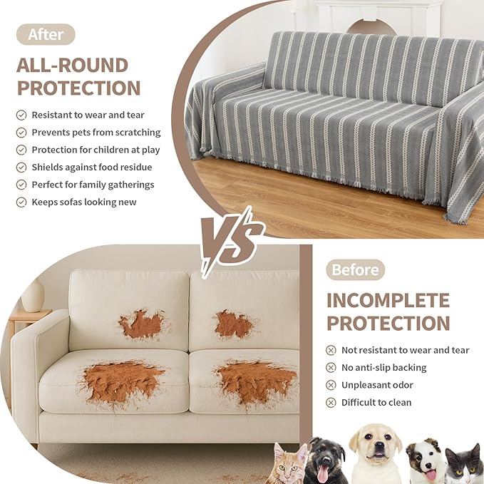 Couch Cover for Dogs, Boho Sofa Covers for 2 Cushion Couch, Chenille Sofa Slipcover for Pets Washable, L-Shape Sectional Loveseat Cover Soft Throw Blankets with Tassels(71x102,Striped Grey)