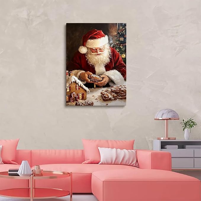 Christmas Gingerbread House and Santa Wall Art Print,Vintage Cozy Christmas Kitchen Wall Paintings for Kitchen Home Decor