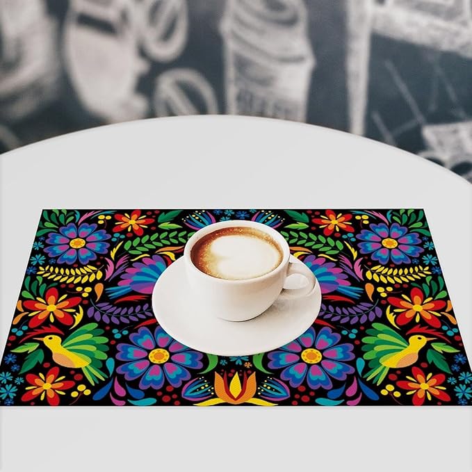 Mexican Flroal Birds Placemat Set of 4, 12x18 Inch Black Colorful Mexico Floral Fiesta Birds Talavera Dia De Los Muertos Day of The Dead Coffee Table Mats for Outdoor Kitchen Dining Table Decoration
