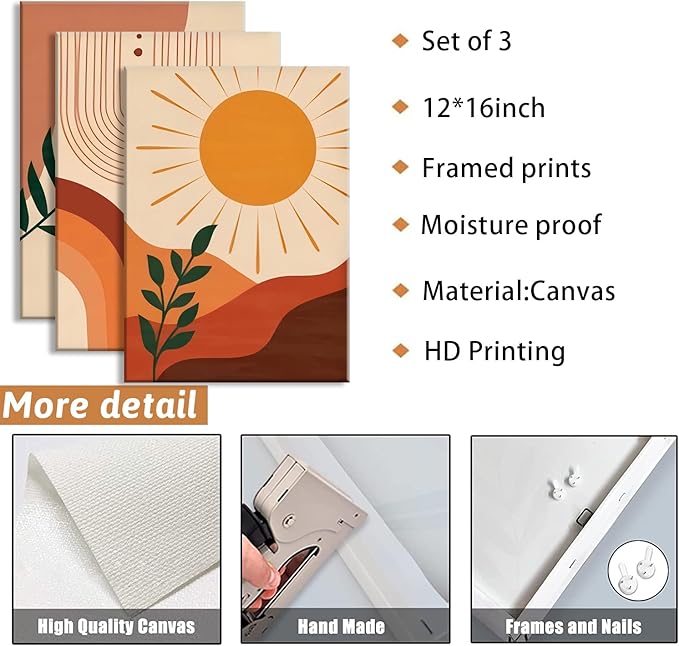 3pcs Framed Boho Wall Art Mid Century Modern Wall Decor Botanical Geometric Abstract Neutral Canvas Sun Mountain Posters Prints Orange Minimalist Artwork Ready To Hang for Living Room Bathroom Bedroom