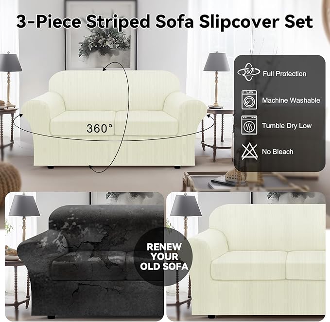 100% WaterproofLoveseat Cover 3-Piece Set Striped Loveseat Slipcovers for 2 Cushion Couch Sofa Covers with TPU Leakproof Bottom Stretch Couch Protector Pet Proof - Loveseat, Ivory
