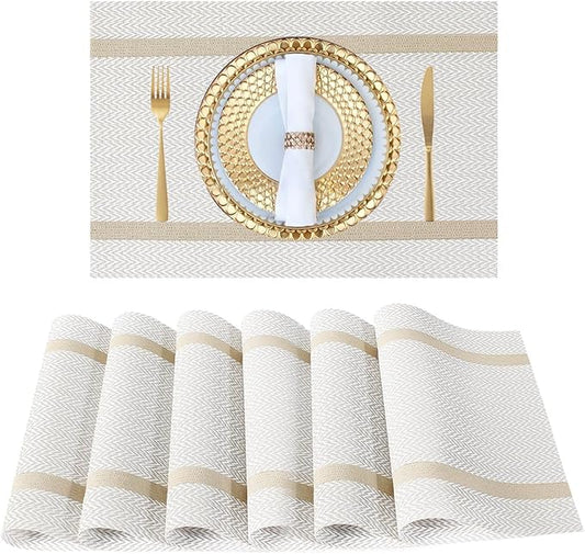 FAVE Placemats Set of 6 White Placemats Woven with Golden Thread Durable and Wipeable Vinyl Placemat Set of 6 for Wedding, Banquet, Birthday, Party, Restaurant Decorations(White)