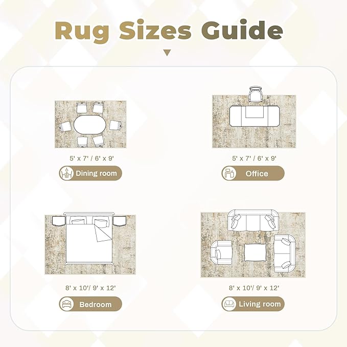 Area Rugs 9x12 for Living Room: Washable Rug Modern Abstract Neutral Soft Non-Slip Low-Pile Indoor Large Carpet for Bedroom Dining Room Playroom Home Office (Beige Grey Brown, 9'x12')