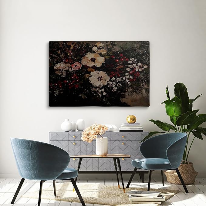 Moody Christmas Floral Academia Art Prints,Christmas Cottagecore Fireplace Decor,Vintage Winter Flower Print,Dark Moody Winter Floral Bouquet Painting