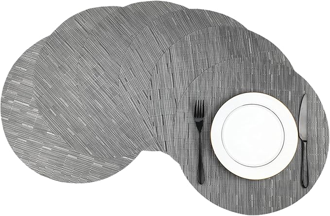 WAZAIGUR Round Placemats Set of 6 Woven Vinyl Easy to Clean Heat Resistant Kitchen Table Mats 15 Inch(Silver Grey 6)
