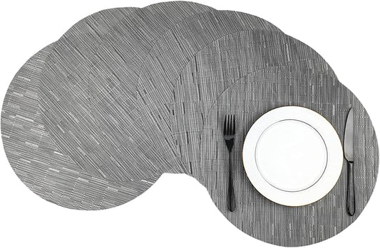 WAZAIGUR Round Placemats Set of 6 Woven Vinyl Easy to Clean Heat Resistant Kitchen Table Mats 15 Inch(Silver Grey 6)