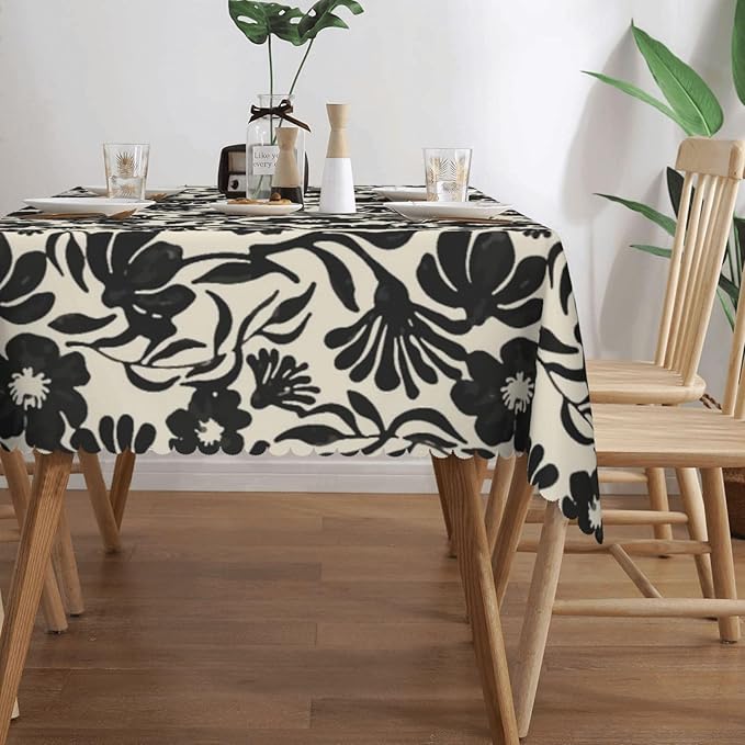Black Boho Cute Retro Floral Table Cloth for Dining Tables, Vintage Abstract Flower Leaves Rectangle Tablecloths Decoration Home Reusable Table Cover for Kitchen,Holiday,Party, 54x72 Inch