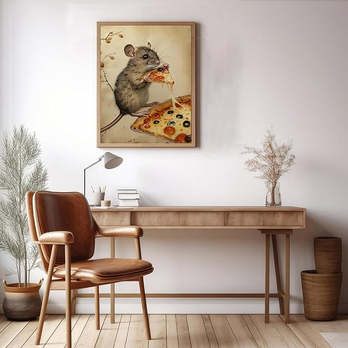 Eeuqiauot Funny Kitchen Wall Art Vintage Animal Poster Mouse Poster Pizza Posters for Wall Cute Animal Paintings Mouse Retro Print Kitchen Mouse Wall Art Vintage Picture 12x16inch Unframed