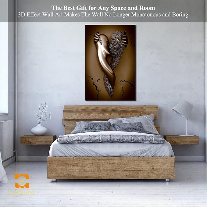 3D Metal Effect Wall Art - 3D Metal Art Wall, Modern Abstract Hug Lovers Painting Picture Poster Prints for Bathroom, Romantic Couple Living Room Canvas Wall Art Framed 32”x48”x1Pcs