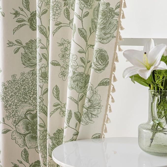 F-CHU Bohemian Curtains for Bedroom 63 Inch Length French Country Floral Drapes Farmhouse Rustic Window Curtain Panels for Bedroom Chic Cotton Linen Blend Toile Curtain，2 Panel Sage Green Curtains