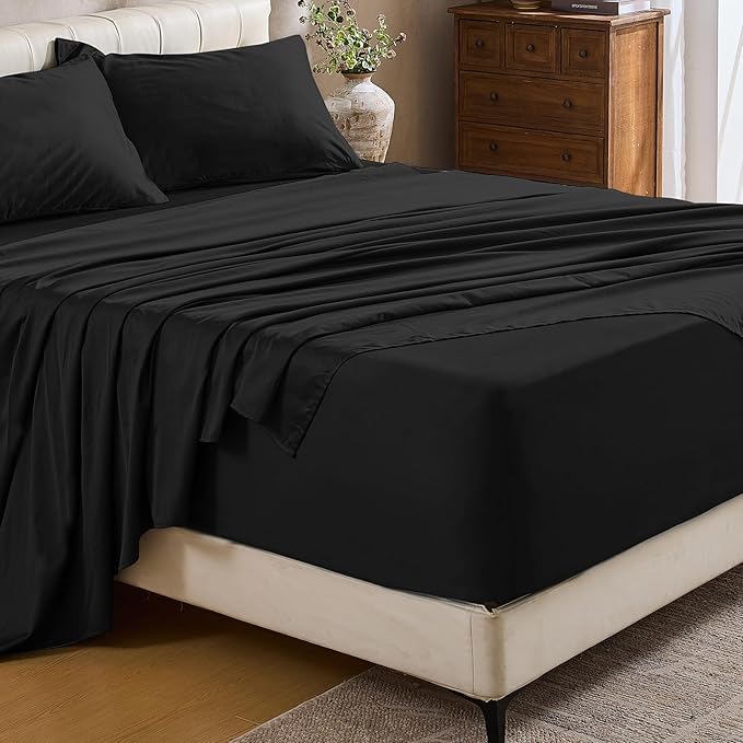 MEISHANG Extra Deep Pocket Cotton Sheets California King - 100% Egyptian Cotton 1000 Thread Count - Fits 18"-24" in Deep Mattress,Oeko-Tex Certified, Soft & Breathable - 4 Piece (Cal King, Black)