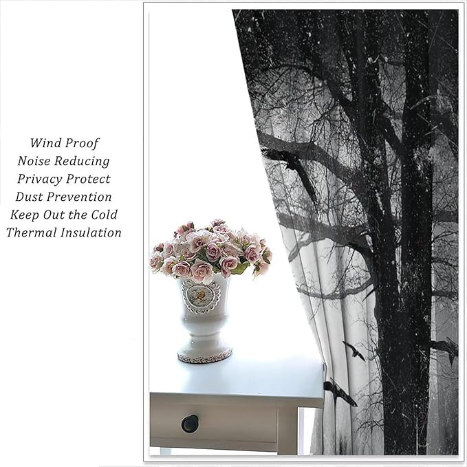Gothic Forest Blackout Curtains, Foggy Forest Dead Trees Crow Halloween Style Black White Scary Print Window Treatments, for Bedroom Living Room 21(W)*63(L) 2 Panels