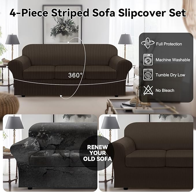 100% WaterproofCouch Cover 4-Piece Set Striped Sofa Slipcovers for 3 Cushion Couch Sofa Covers with TPU Leakproof Bottom Stretch Couch Protector Pet Proof - Sofa(3-Cushion), Brown