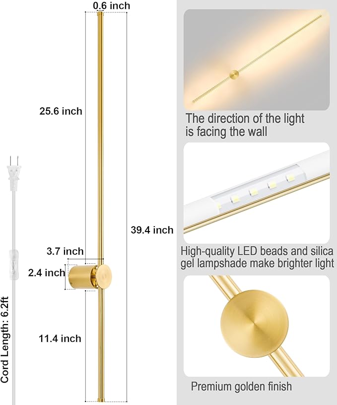 Wall Sconces Set of Two with Remote, Stepless Colors 3000K-6500K & Stepless Dimming, Hardwire or Plug-in, 180° Rotate, LED Gold Plug in Wall Sconces with Timer & Night Light, 39.4 Inches