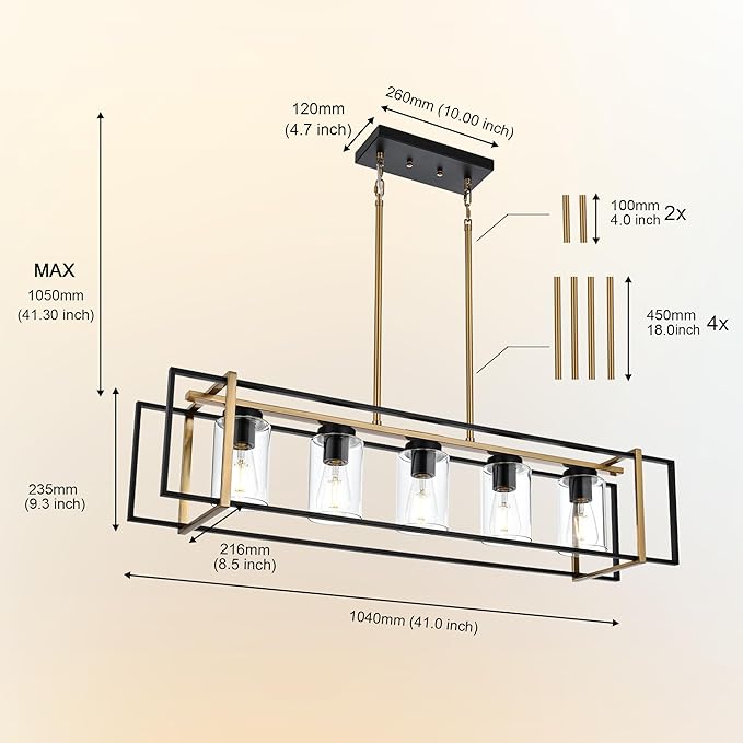 5-Light Farmhouse Chandelier Black and Brass Island Pendant Light Fixture with Clear Glass Shades, Rectangular Hanging Lighting for Kitchen or Dining Room