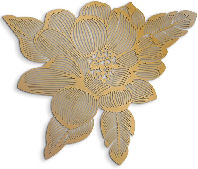 NEODECO 3D Flower Metal Wall Art, Floral Line Art, Minimalist home decor (Gold, Medium)