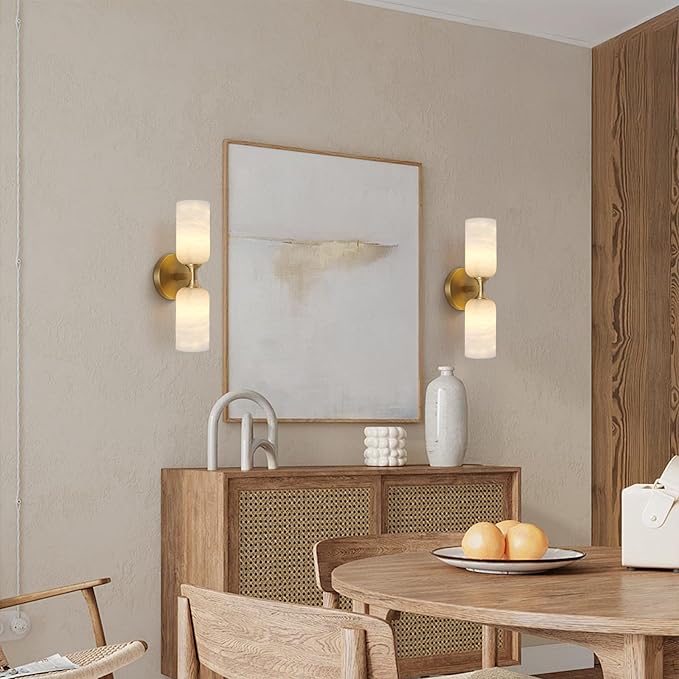 Alabaster Wall Sconces Set of Two, 14in Modern Spanish Natural Marble Bathroom Vanity Sconces, Brass Alabaster Sconce Wall Lighting, Gold Wall Light Fixtures Decor for Bedroom Living Room Staircases