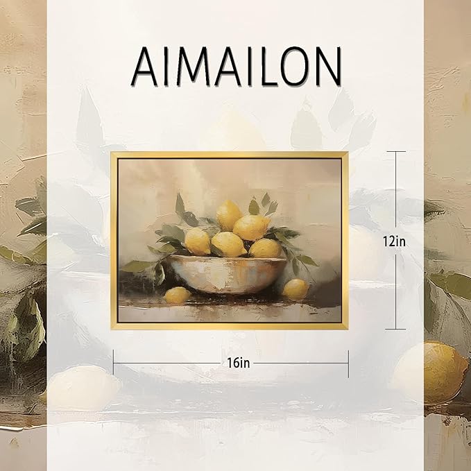 AIMAILON Vintage Gold Canvas Wall Art Framed Decor Classical Print Home Decoration for Kitchen Living Room Expressive Brushstrokes Yellow Lemon Lemon with Leaves Still Life Picture 12x16