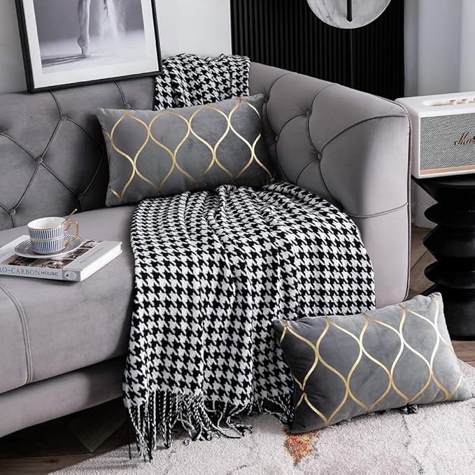 Gold Velvet Throw Pillow Covers: 2 Pack 12x20 Inch Rectangular Decorative Pillow Cases for Bedroom Sofa Couch Living Room, Light Grey