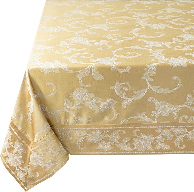 Benson Mills Harmony Scroll Woven Damask Fabric Tablecloth, Everyday, Parties, Special Occasions, Weddings and Holiday Table Cloth (60" X 120" Rectangular, Gold)