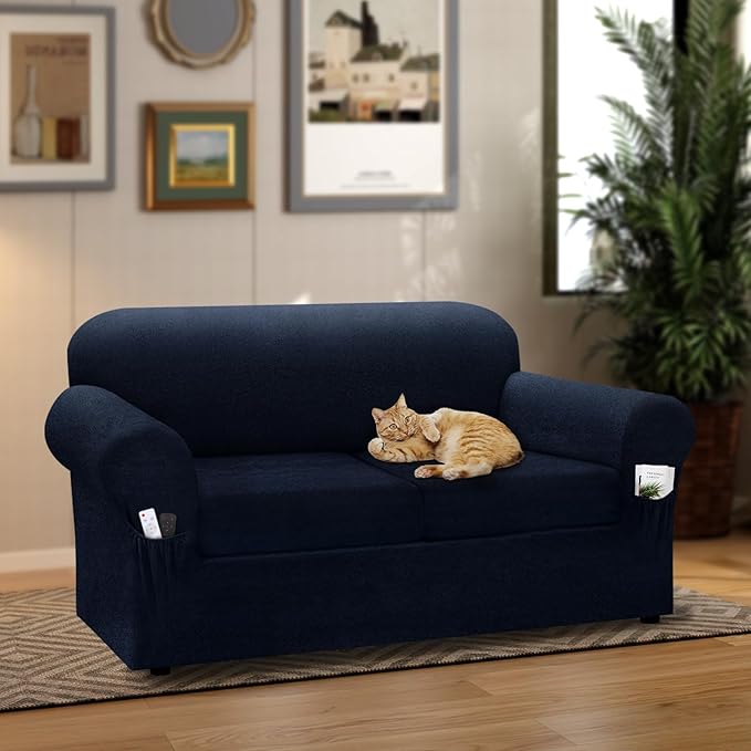 Loveseat Slipcover with Armrest Pockets 3-Piece Set, Stretch Faux Leather Love Seat Covers for 2-Cushion Couches(Fits 58-66") - Non-Slip, Machine Washable, Pet & Kid Friendly - Navy