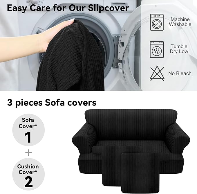 Waterproof Loveseat Cover 3-Piece Set Striped Slipcover for 2 Separate T Cushion Couch - TPU Fabric 2-Seater Sofa Covers Leakproof Couch Protector for Kids, Pets(Loveseat, Black)