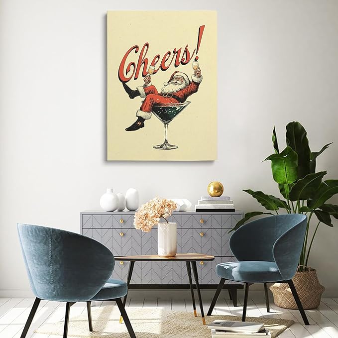 Vintage Christmas Drink Poster,Trendy SantaCheers Prints,Holiday Bar Artwork,Vintage Christmas Cocktail Art,Bar Cart Print,Retro Kitchen Xmas Decor
