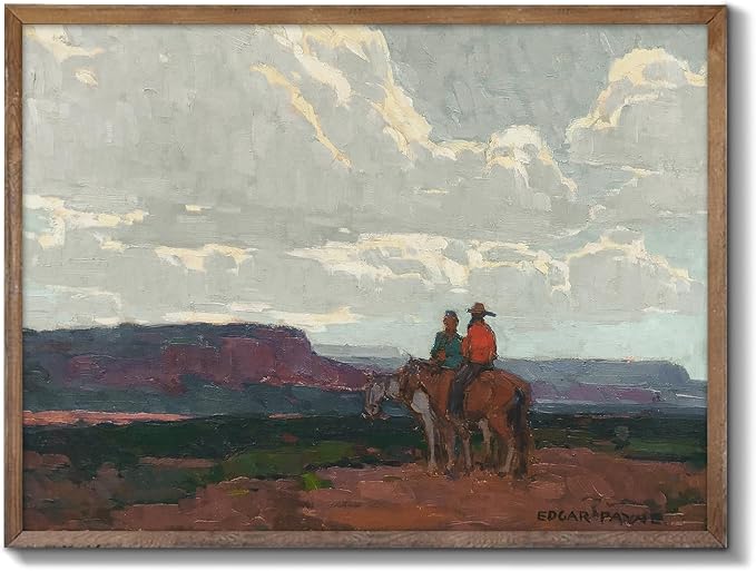 XOCUUI Western Cowboy Unframed Canvas Wall Art Vintage Print Oil Paintings, Horse Rider At Sunset Print Rustic Mountain Landscape Painting, Mid Century Antique Moody Retro Artwork Wall DéCor(8"X10")