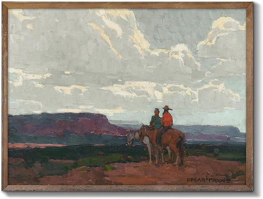 XOCUUI Western Cowboy Unframed Canvas Wall Art Vintage Print Oil Paintings, Horse Rider At Sunset Print Rustic Mountain Landscape Painting, Mid Century Antique Moody Retro Artwork Wall DéCor(8"X10")