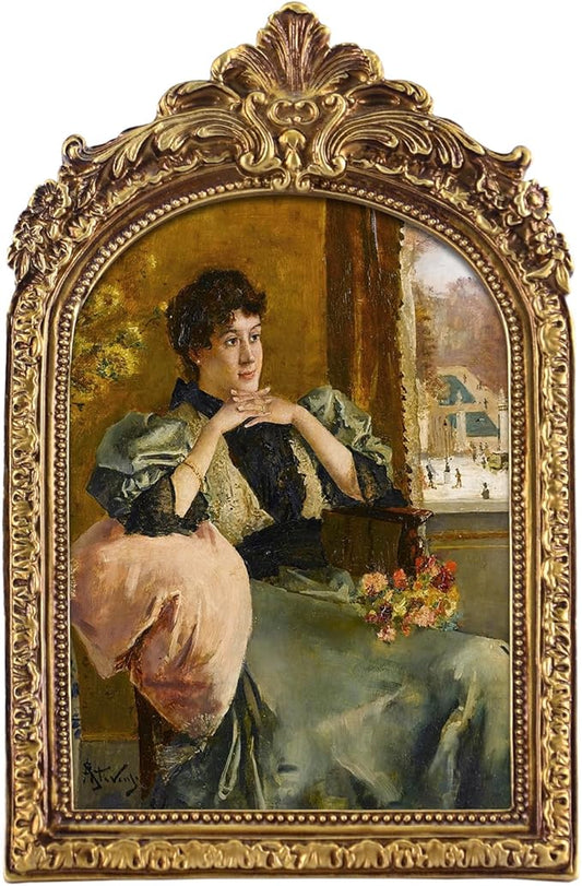 FOLKOR Vintage Framed Wall Art for Bedroom Dining Room Decor, Pensive Women Near a Window Portrait, Classical Canvas Prints with Arched Picture Frame for Home Office Living Room Decoration, 5x7