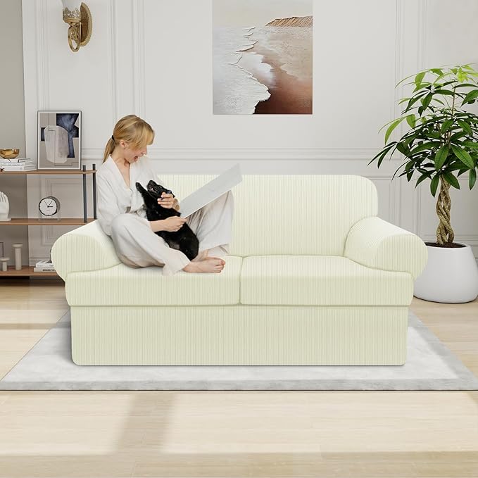 Waterproof Loveseat Cover 3-Piece Set Striped Slipcover for 2 Separate T Cushion Couch - TPU Fabric 2-Seater Sofa Covers Leakproof Couch Protector for Kids, Pets(Loveseat, Ivory)