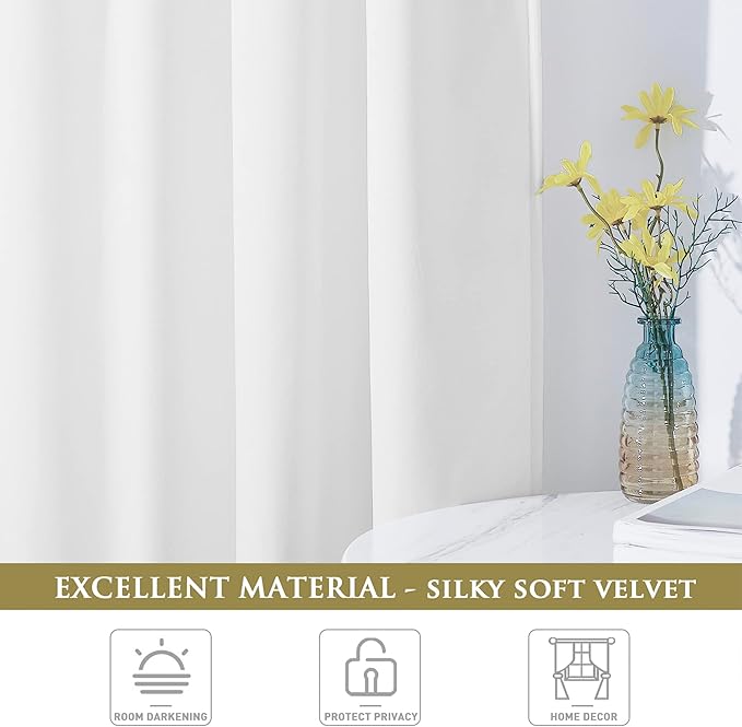 StangH White Velvet Curtains 96 inches Long for Living Room, Light Dimming Privacy Protect Sliding Door Covering for Nursery/Dining/Patio, W52 x L96, 2 Panels