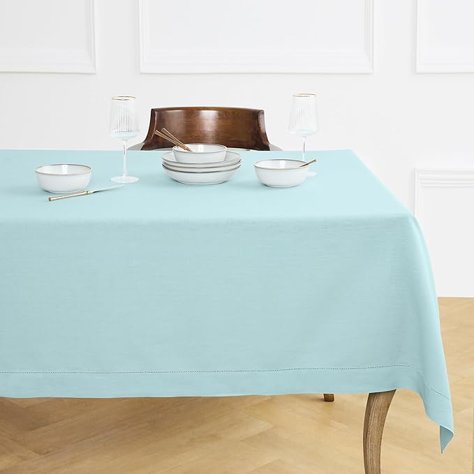 Solino Home Linen Tablecloth for Rectangle Tables 60 x 90 Inch - Classic Hemstitch 100% Pure Linen Aqua Blue Table Cloth - Machine Washable Cloth Tablecloth for Christmas, Holiday