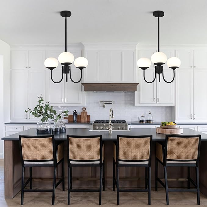 BOKT Dining Room Light Fixtures Over Table, Black Chandeliers for Farmhouse, Foyer Lighting Fixture with White Glass Shade for Kitchen
