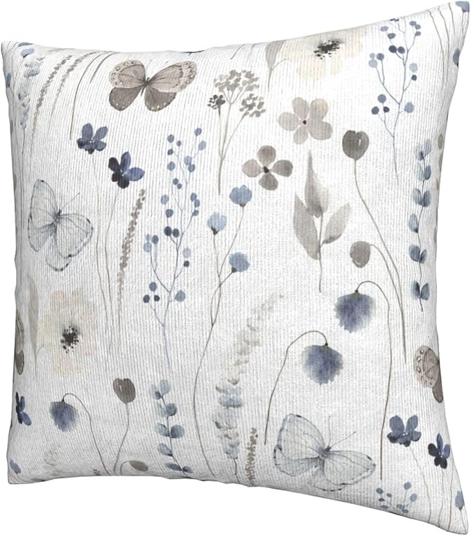Floral Spring Pillow Covers 18x18 Inch Set of 2 Gray Blue Watercolor Herbs Throw Pillow Cover Floral Butterfly Square Pillowcase Cushion Cases for Home Couch Bed Sofa