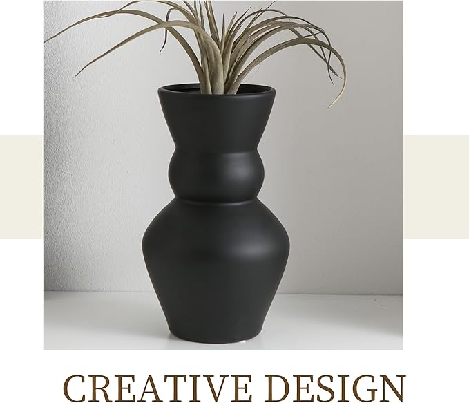 Black Ceramic Vase, Modern Matte Pampas Grass Vases, Boho Big Mouth Vase Home Decor for Centerpiece Wedding Party Living Room Office Bedroom, Housewarming Gift
