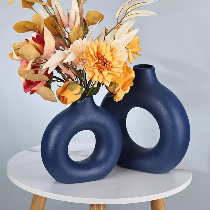 Navy Blue Ceramics Vase for Home Decor,Minimalist Nordic Hollow Donut Vase Set of 2,Modern Navy Blue Decor for Kitchen Table Centerpiece,Living Room,Fire Place,Bookshelf,Office,Entryway,Console