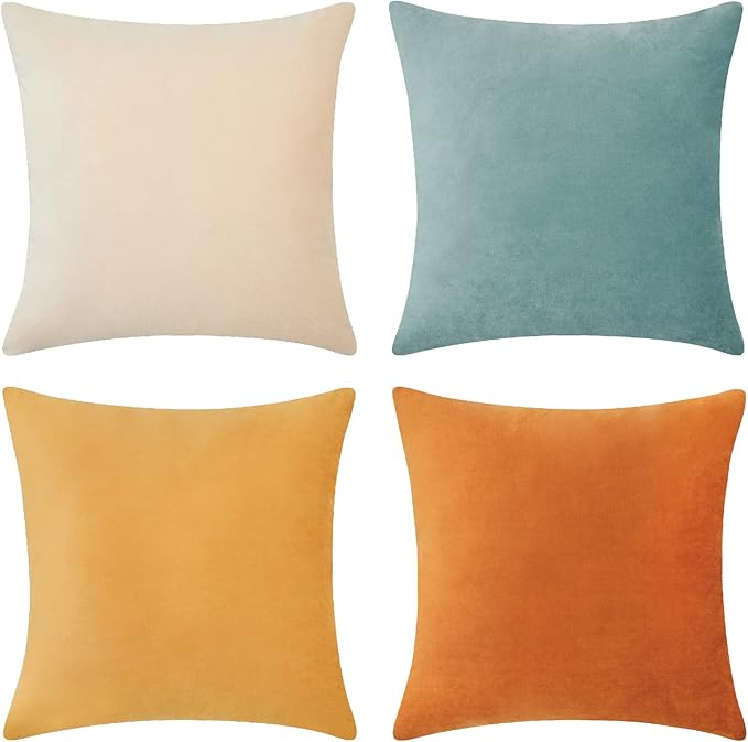 MONDAY MOOSE Decorative Throw Pillow Covers Cushion Cases, Set of 4 Soft Velvet Modern Designs, Mix and Match for Home Decor, Pillow Inserts Not Included (20x20 inch, Orange/Teal)