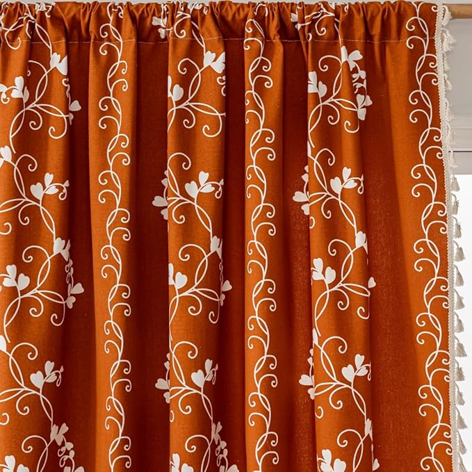 F-CHU Burnt Orange Floral Curtains Bohemian Drapes 72 Inch Length Cotton Linen Boho Window Curtain with Tassel Rod Pocket Bedroom Macrame Drapes Flower Curtains, 2 Panel 52" W x 72" L