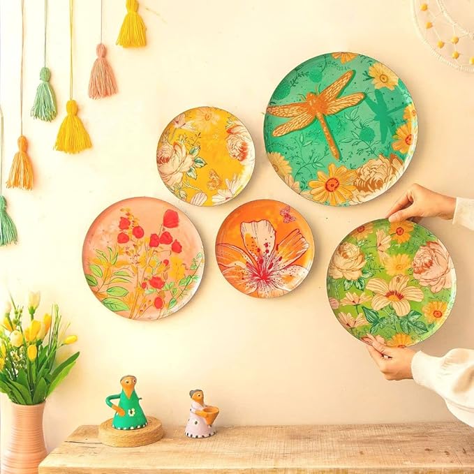 RITUALISTIC Pastel Blooms Iron Wall Art Plates – Set of 5 Decorative Plates | Floral & Nature-Inspired Metal Wall Decor | Soft-Toned Wall Hanging for Living Room, Bedroom & Christmas gifts
