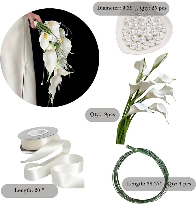 Bridal Bouquet:9 Stems White Calla Lily Pearl Bouquet EVA Real Touch-Wedding Bouquet for Bride/Bridesmaid (1, Material Kit)