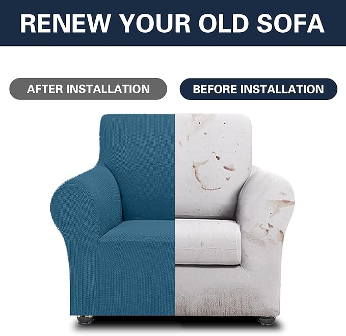 Cupuamon 2025 New Stretch Chair Sofa Slipcovers Couch Cover for 1 Seater Furniture Protector Sofa Covers with Elastic Bottom Jacquard Fabric Small Checks for Pets, Kids - Peacock Blue