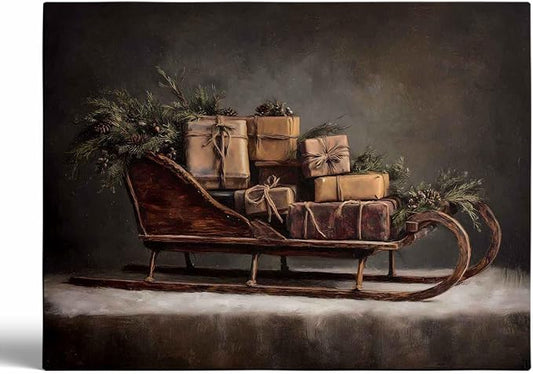 Rustic Christmas Sleigh Art Prints,Farmhouse Christmas Presents Print,Winter Holiday Artwork,Dark Christmas Cottage Poster,Vintage Sleigh Painting