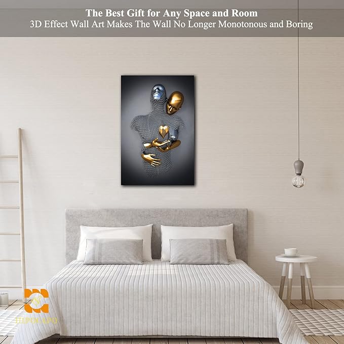 HIPOCAPO 3D Metal Effect Wall Art - Love Heart Canvas Art, Decor for Modern Living Room, Framed Romantic Couple pictures bedroom 18''x24''x1Pcs 3d Art-26