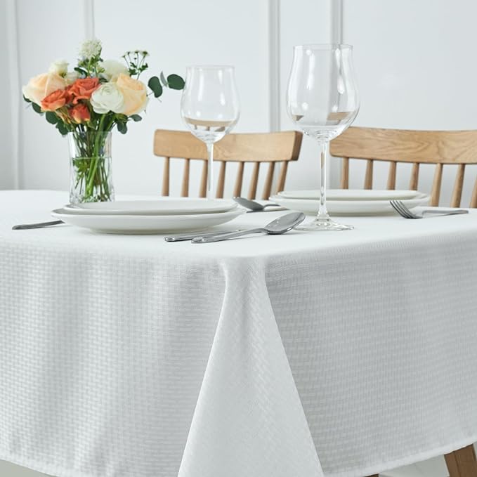 maxmill Square Jacquard Tablecloth Waterproof Spillproof Wrinkle Resistant Soft Weaved Design Table Cloth for Dinner and Party Washable Fabric Cover, Indoor and Outdoor Use, 60 x 60 Inch, White
